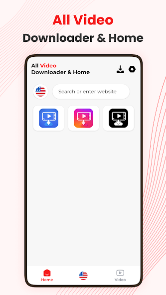 All Video Downloader & Home app home screen showing the built-in browser search bar and website shortcuts